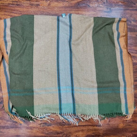 Vince Camuto Boho Brown & Olive Herringbone Striped W/ Fringe Open Front Poncho - Picture 9 of 14